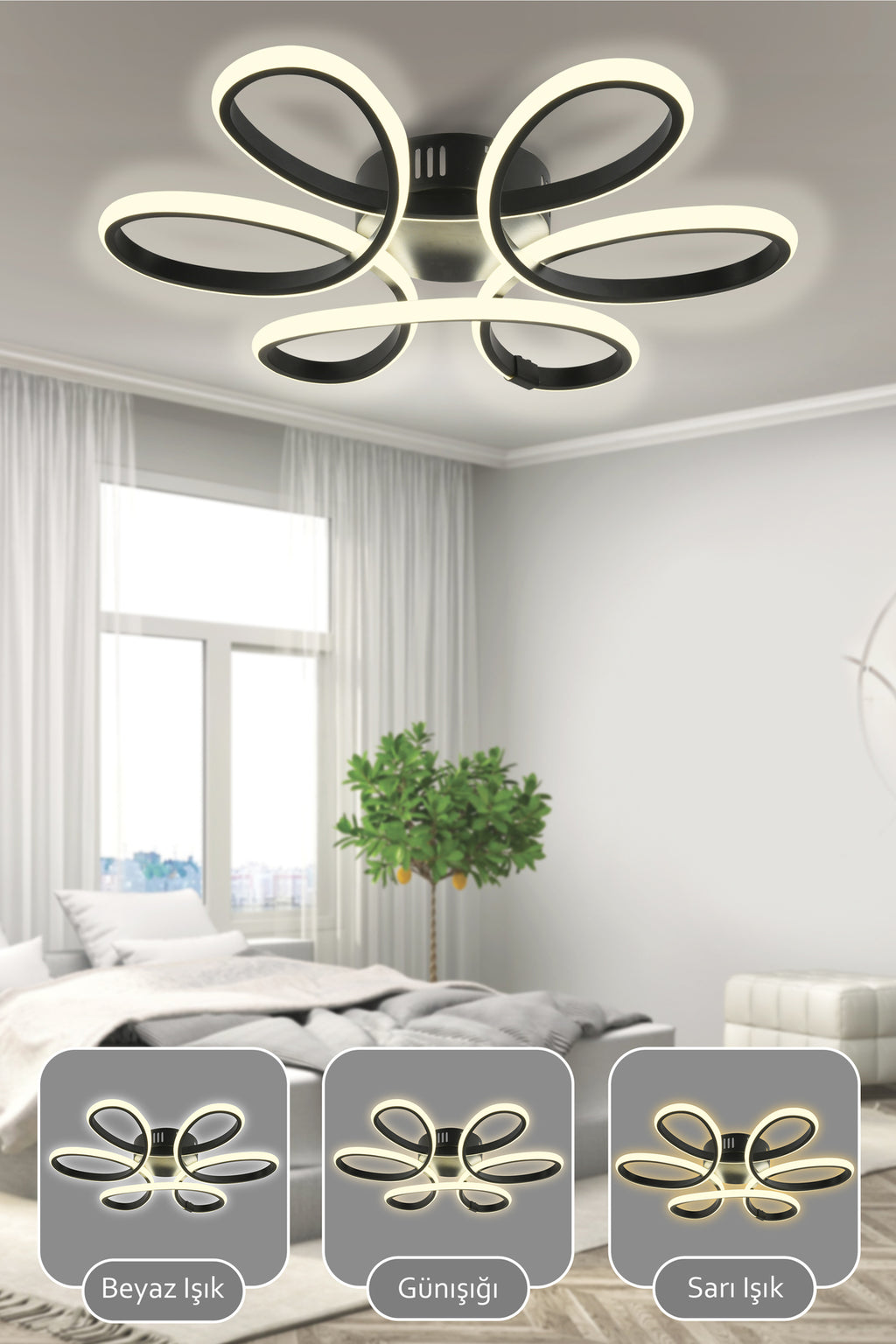 Vita Kumandalı 3 Renk Işık Özellikli Modern Plafonyer Led Avize Salon - Siyah