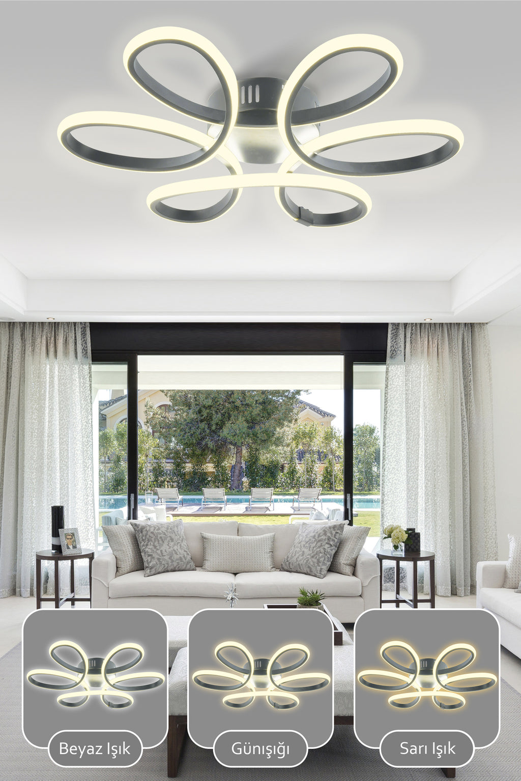 Vita Kumandalı 3 Renk Işık Özellikli Modern Plafonyer Led Avize Salon - Füme