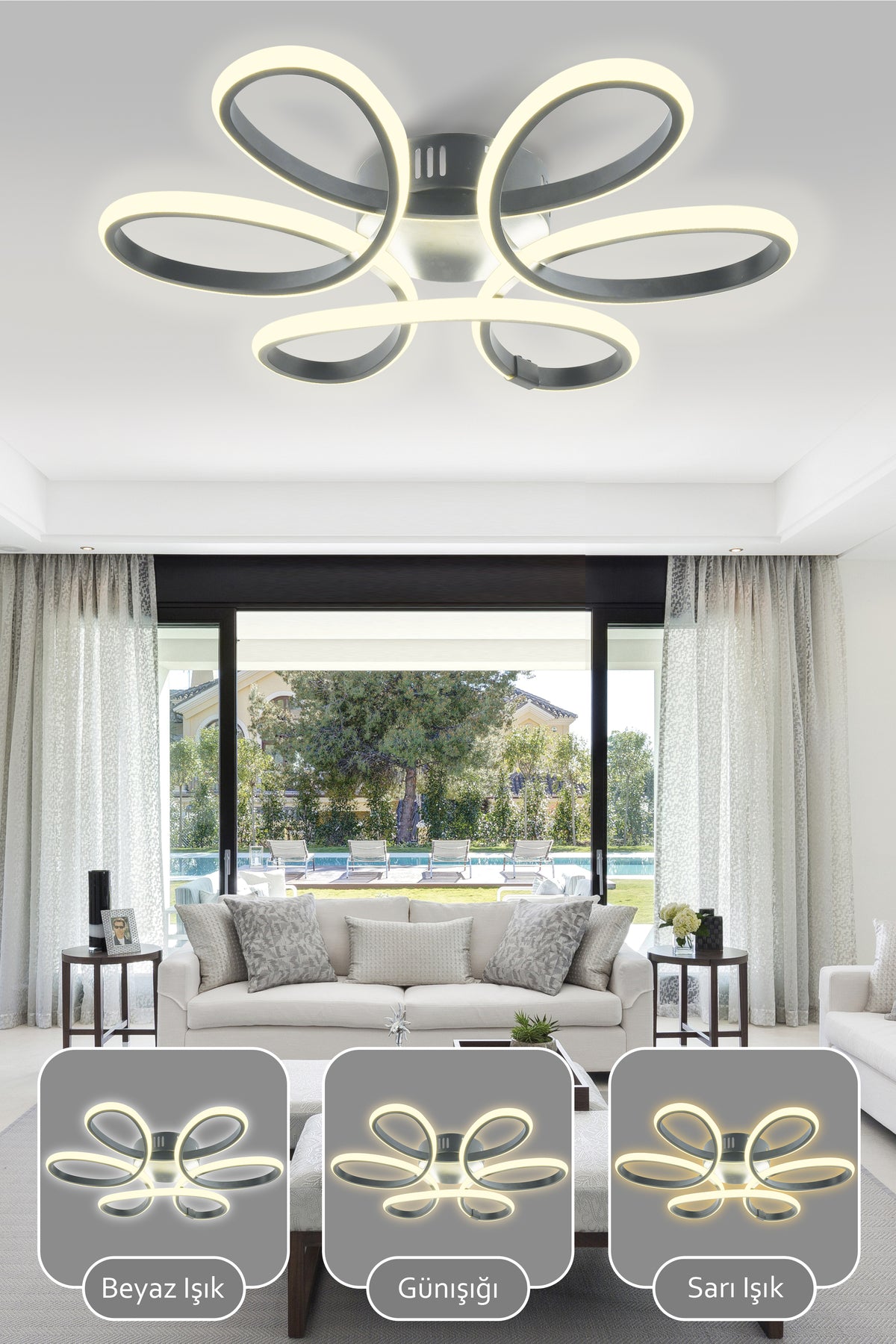 Vita Kumandalı 3 Renk Işık Özellikli Modern Plafonyer Led Avize Salon - Füme