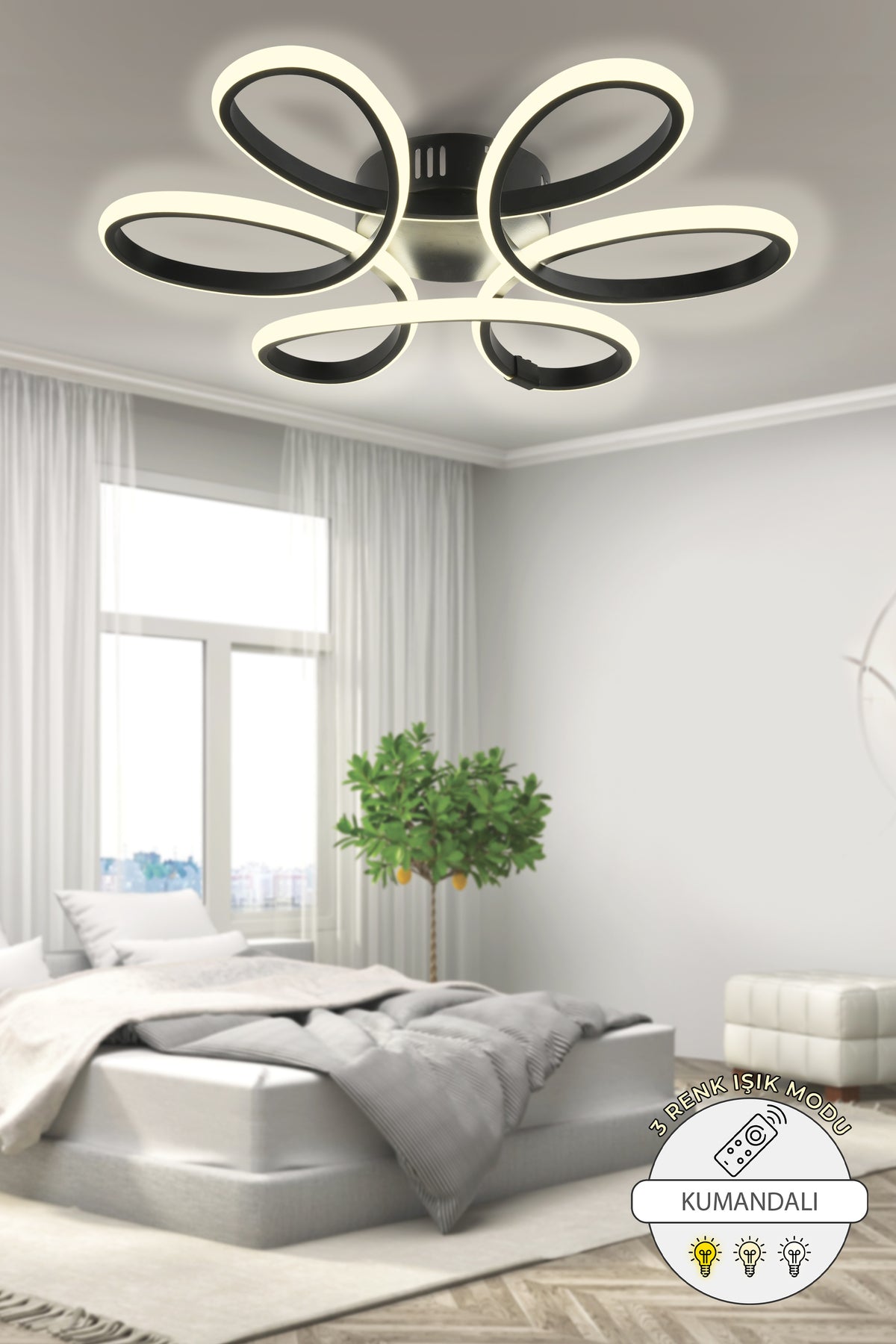 Vita Kumandalı 3 Renk Işık Özellikli Modern Plafonyer Led Avize Salon - Siyah