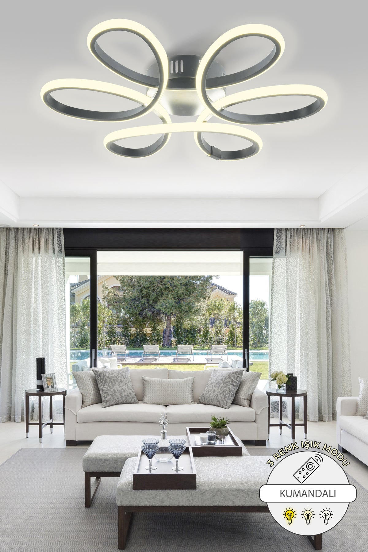 Vita Kumandalı 3 Renk Işık Özellikli Modern Plafonyer Led Avize Salon - Füme